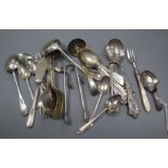 A small group of mixed silver flatware including two 19th century caddy spoons.