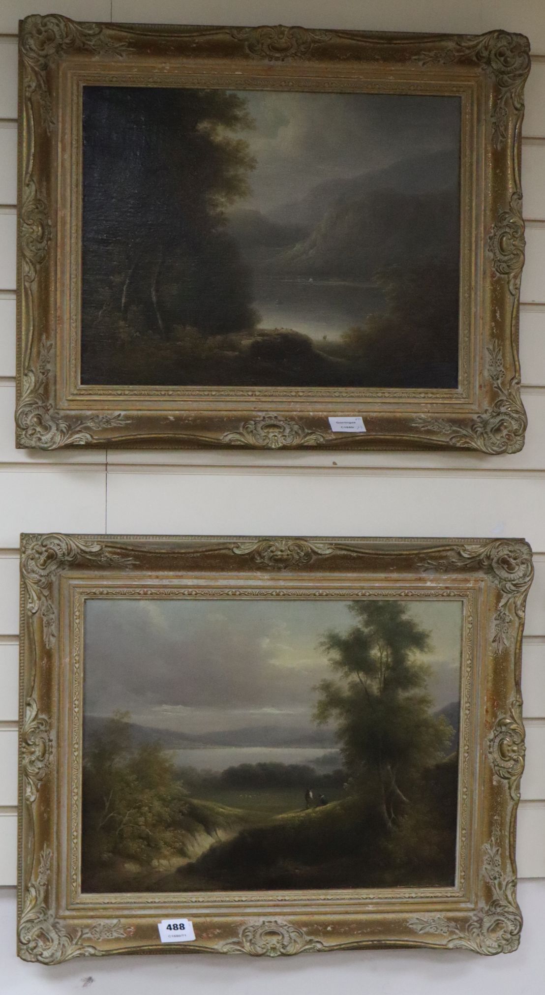 19th century English School, pair of oils on canvas, Lake scenes, 34 x 45cm