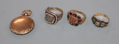 Three assorted 19th century rings including mourning ring (a.f.) and a similar yellow metal locket.