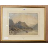 Attributed to Frederick Nash (1782-1856), watercolour, Rowing boat on a lake, 27 x 37cm