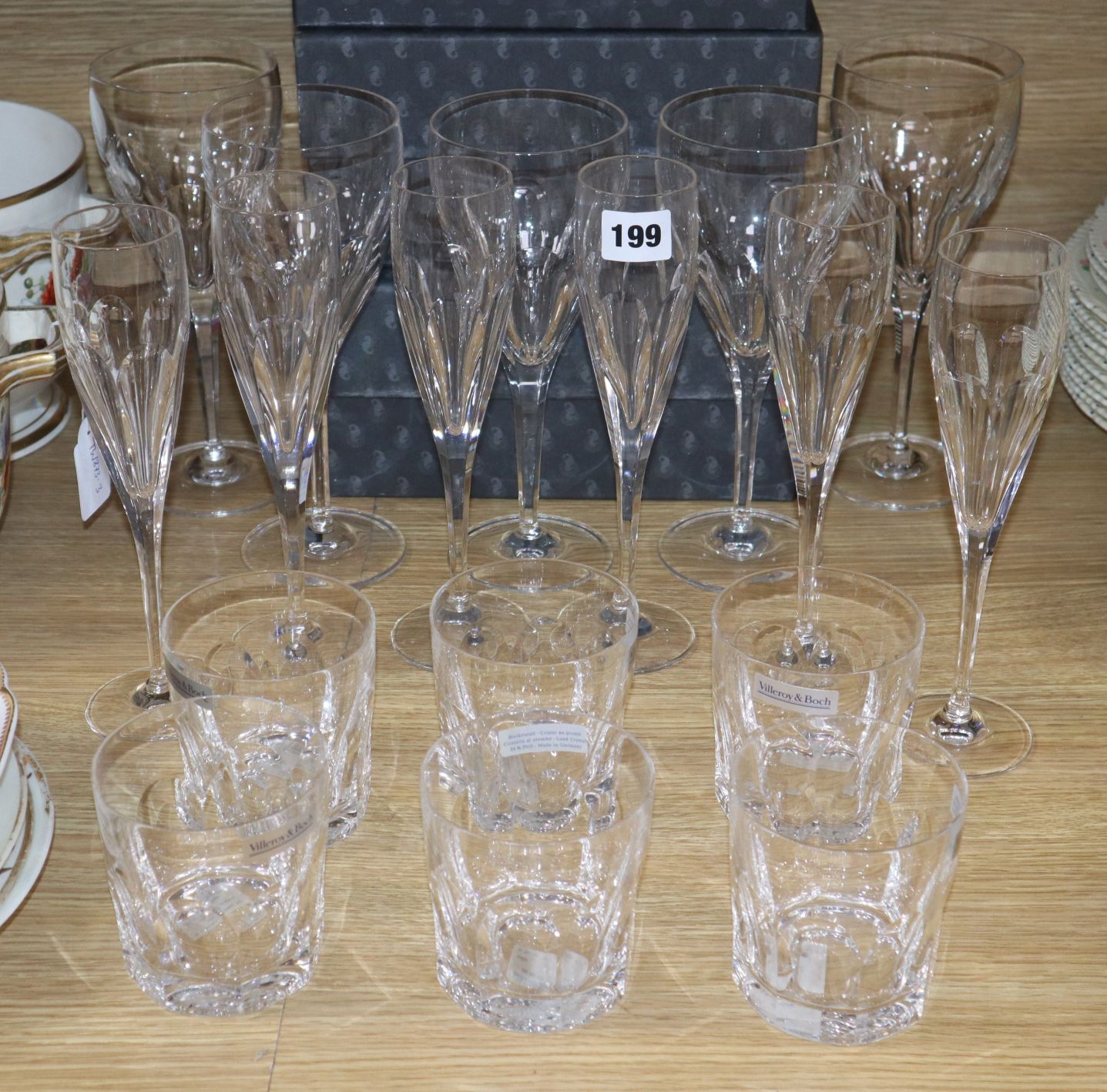 Six boxed Waterford glasses and three boxed sets of Villeroy & Boch glasses