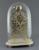 A Victorian gilt brass skeleton clock with single fusee movement striking on a bell, on marble