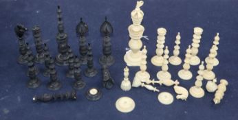 A 19th century Indian stained and natural ivory part chess set