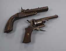 A French double barrel percussion cap pistol and a 19th century pin fire revolver