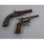A French double barrel percussion cap pistol and a 19th century pin fire revolver
