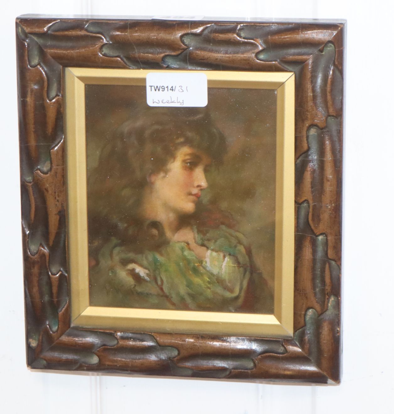 J* M* P*, Head and shoulder portrait of a young lady wearing a green dress, oil on board,