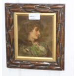 J* M* P*, Head and shoulder portrait of a young lady wearing a green dress, oil on board,