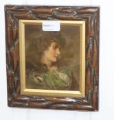J* M* P*, Head and shoulder portrait of a young lady wearing a green dress, oil on board,