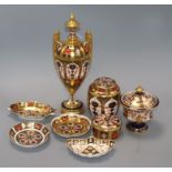 A Royal Crown Derby two handled vase, a jar and cover and six other items tallest 31cm