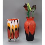 A Czech art glass vase, a mottled glass vase and three handblown glass blooms