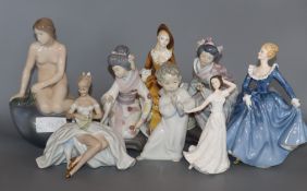 A Royal Copenhagen figure and two Lladro figures and five others