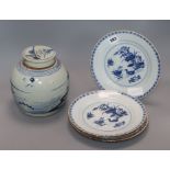 Four Chinese blue and white dishes and a ginger jar lidded jar 18cm high