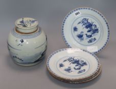 Four Chinese blue and white dishes and a ginger jar lidded jar 18cm high