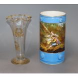 A French porcelain sleeve vase and a French glass vase Tallest 21cm