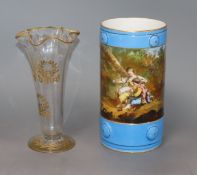 A French porcelain sleeve vase and a French glass vase Tallest 21cm