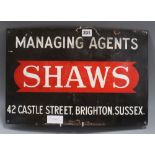 An enamel sign Shaws, Castle Street, Brighton 31 x 46cm