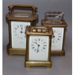 Two carriage timepieces and a carriage clock Tallest 12cm