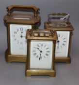 Two carriage timepieces and a carriage clock Tallest 12cm