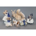 Four Royal Copenhagen figures, a dog and squirrel group tallest 19cm