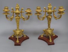 A pair of ormolu and rouge marble two branch candelabra height 32cm