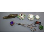 A Coalport Coalbrookdale miniature part tea set, a brass duck head paper clip and other vertu
