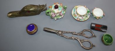 A Coalport Coalbrookdale miniature part tea set, a brass duck head paper clip and other vertu