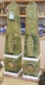 A pair of simulated felspar and marble obelisks height 70cm