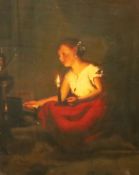 19th century Continental Schooloil on wooden panelCandle lit interior with a girl by a fire31 x