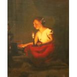19th century Continental Schooloil on wooden panelCandle lit interior with a girl by a fire31 x