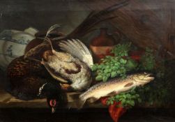 Thomas G Targett (1829-1929)oil on canvasStill life of a trout and game birds upon a ledgesigned and