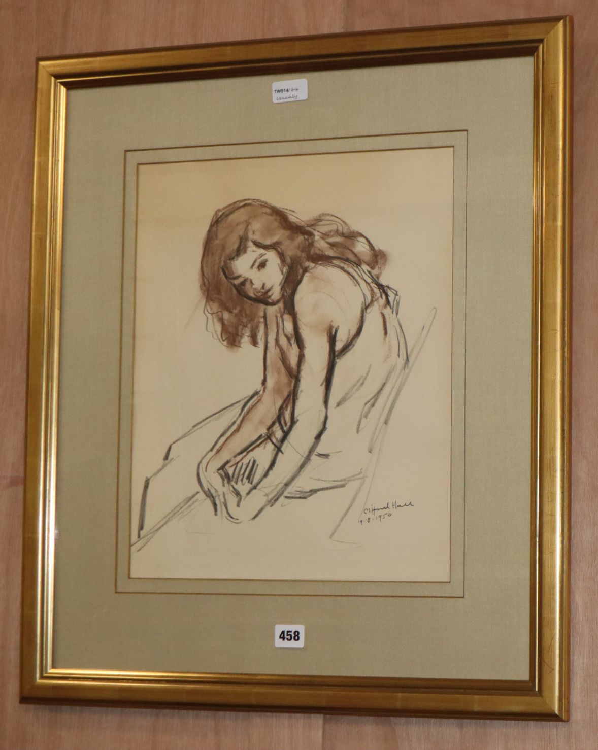 Clifford Hall RBA, ROI (1904-1973) 'Seated girl', charcoal, brown chalk and wash, signed and dated