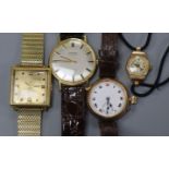 Two 9ct gold wrist watches including early 20th century(a.f.) and two other wristwatches.