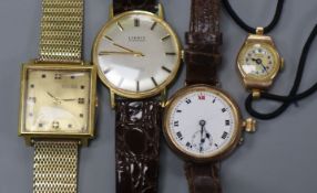 Two 9ct gold wrist watches including early 20th century(a.f.) and two other wristwatches.