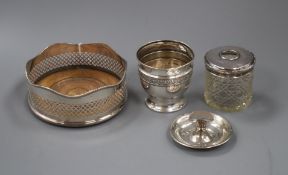 A modern silver coaster, ashtray, a small silver vase (a.f) and hair tidy.