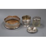 A modern silver coaster, ashtray, a small silver vase (a.f) and hair tidy.