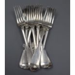 A set of eight William IV silver fiddle pattern table forks, London, 1835 and four similar forks, 30