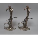 A pair of plated brass orchid candlesticks 28cm high