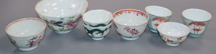 Eight Chinese enamelled porcelain cups and bowls largest 11cm diameter