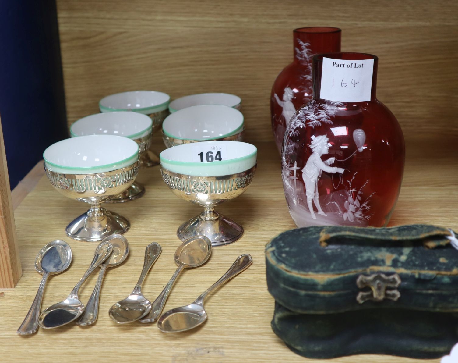 A set of six silver sundry containers, spoons and a pair of opera glasses and two Mary Gregory
