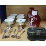 A set of six silver sundry containers, spoons and a pair of opera glasses and two Mary Gregory