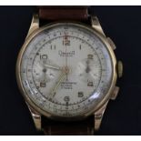 A gentleman's Dreffa Geneve 18ct gold manual wind chronograph wrist watch, with silvered dial, on