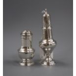 A George III silver baluster caster and a George II silver bun pepper, Samuel Wood, London, 1737,