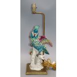 A Continental porcelain parakeet table lamp overall height 54cm