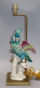 A Continental porcelain parakeet table lamp overall height 54cm