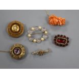 Six assorted Victorian and later gem set brooches including diamond set and 9ct yellow metal etc.