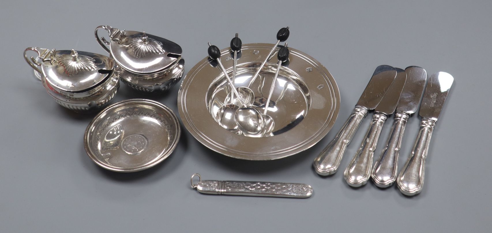 Mixed silver/white metal including Jubilee armada dish, two condiments, flatware etc.