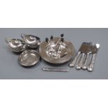 Mixed silver/white metal including Jubilee armada dish, two condiments, flatware etc.