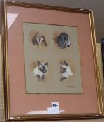 G. Beningfield, watercolour, study of Siamese cats and spaniels, signed, 29 x 25cm