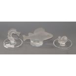 A Lalique cristal fish paperweight and two figural dishes tallest 11cm