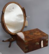 A yew and mahogany skeleton frame toilet mirror and a Victorian brass-bound walnut writing slope